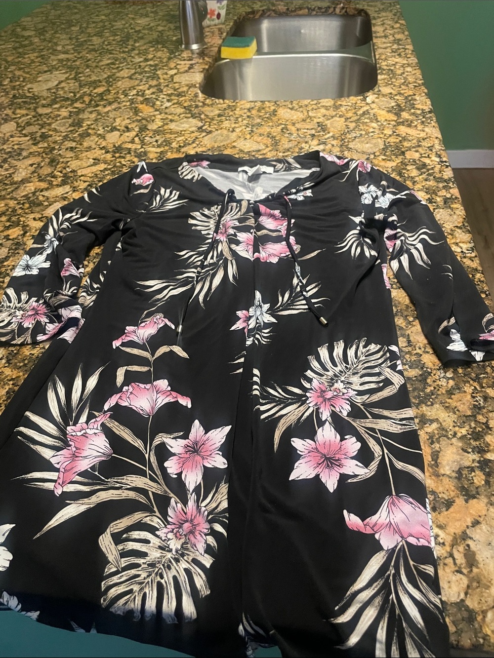 Women Floral Black Dress with Pink Blooms - Picture 2 of 2